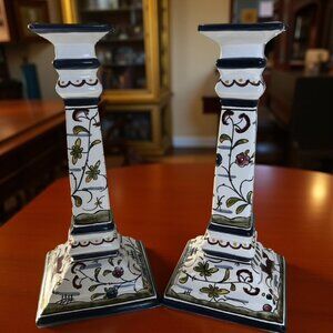 2 Williams Sonoma Nazari Provence Castle Candlestick Holders Hand-Paint Portugal